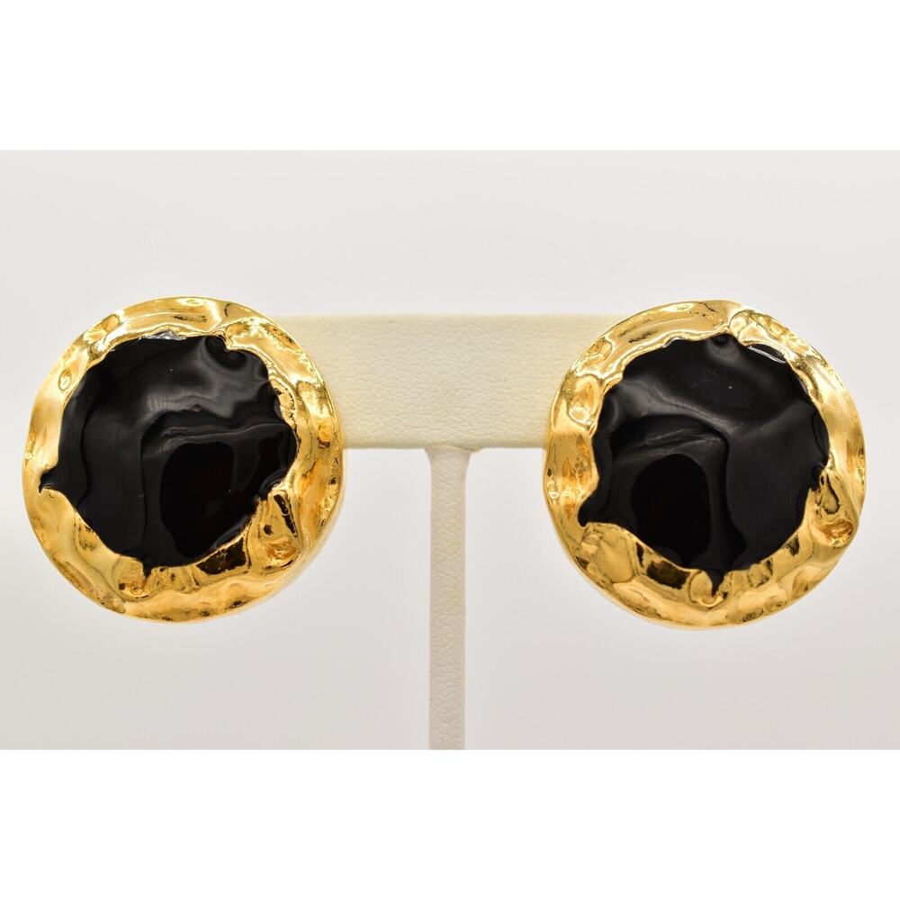 Ivana Trump Clip Earrings Black Enamel Round Hammered Chunky Signed 1990s BinBF